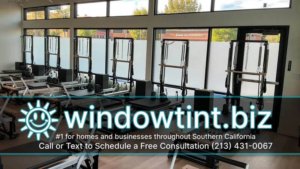 Frosted privacy film on the windows of a Pilates studio in Brea