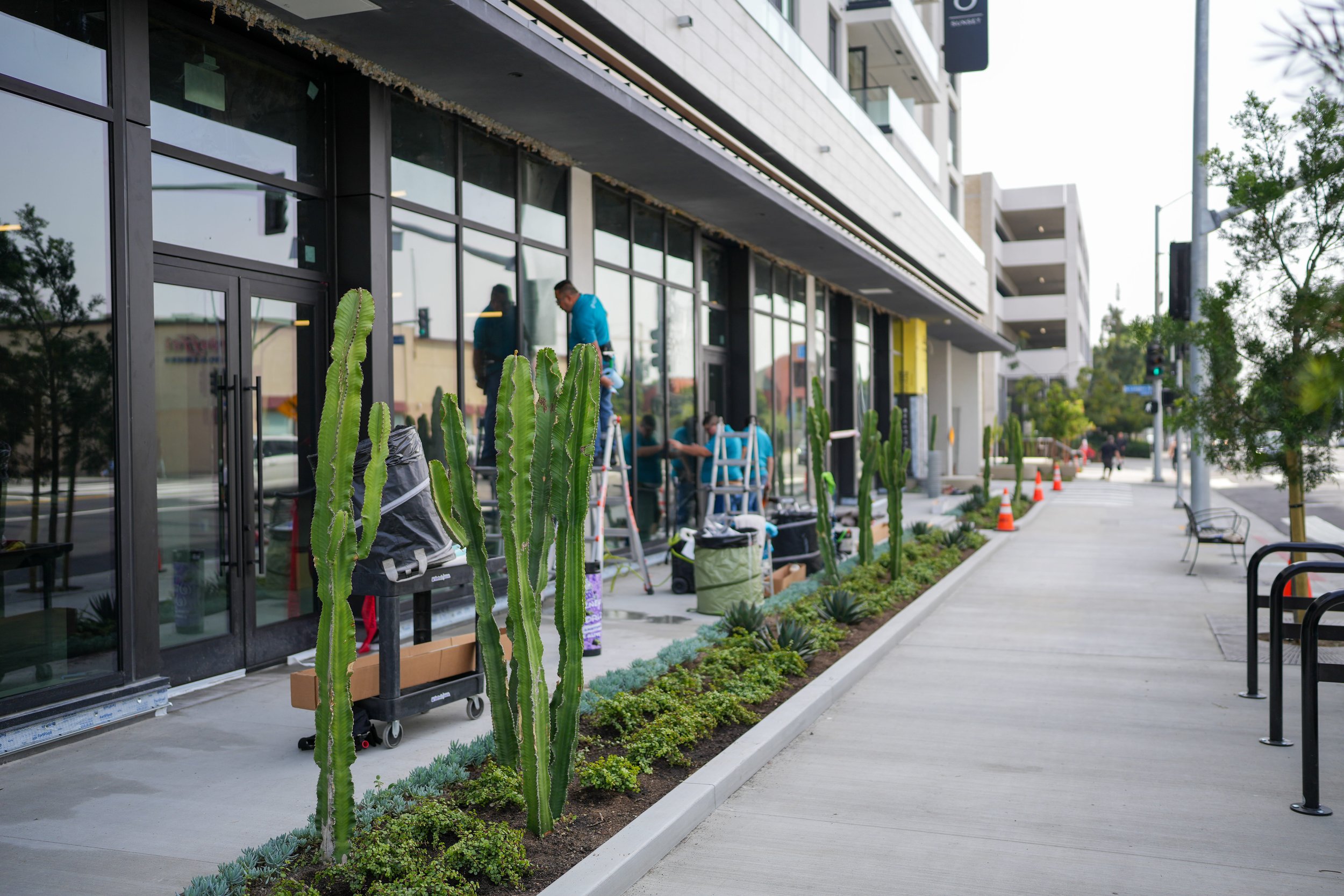 Installation crew along the storefront sidewalk